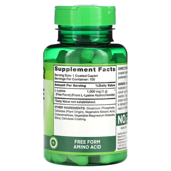 L-лізин, L-Lysine, Nature's Truth, 1000 мг, 100 каплет, покритих оболонкою