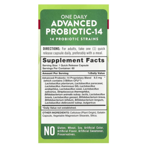Пробіотики, One Daily Advanced Probiotic-14, Nature's Truth, 3 мільярди КУО, 60 капсул швидкого вивільнення