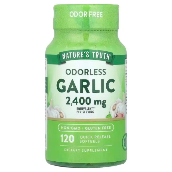 Часник, Odorless Garlic, Nature's Truth, без запаху, висока концентрація, 2400 мг, 120 гелевих капсул швидкого вивільнення (1200 мг на гелеву капсулу)