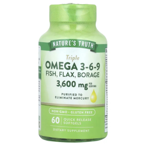 Омега 3-6-9, Triple Omega 3-6-9, Nature's Truth, риб'ячий жир, олія лляного насіння та олія огірочника, 3600 мг, 60 гелевих капсул швидкого вивільнення (1200 мг на капсулу)