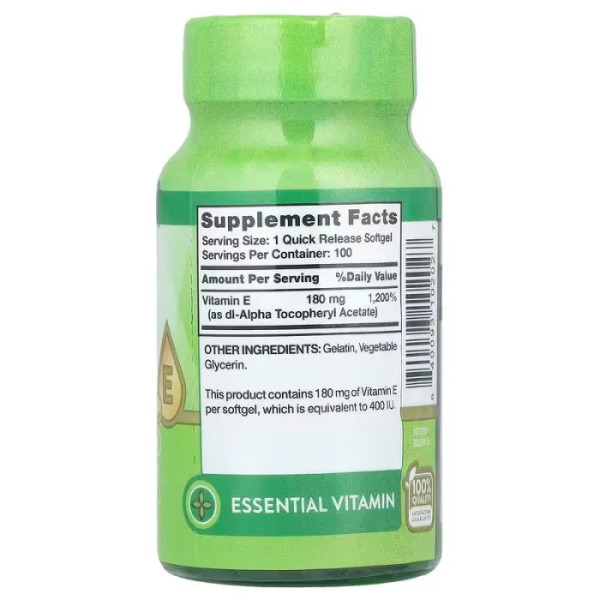 Вітамін Е, Vitamin E, Nature's Truth, висока ефективність, 180 мг (400 МО), 100 гелевих капсул швидкого вивільнення
