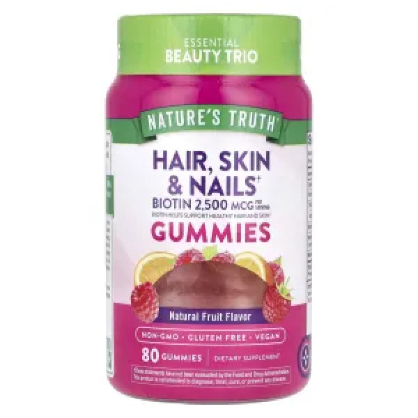 Волосся, шкіра та нігті, Hair, Skin & Nails, Nature's Truth, натуральні фрукти, 2500 мкг, 80 жувальних таблеток (1250 мкг у жувальній таблетці)