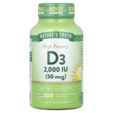 Витамин D3 50 мкг 2000 МЕ, Nature's Truth Vitamin D3, высокая эффективность 300 гелевых капсул быстрого высвобождения