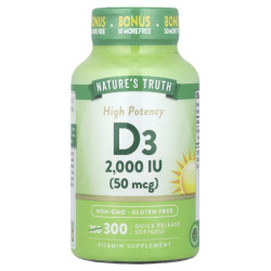 Витамин D3 50 мкг 2000 МЕ, Nature's Truth Vitamin D3, высокая эффективность 300 гелевых капсул быстрого высвобождения
