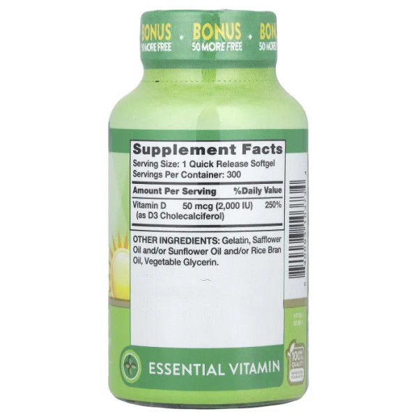 Вітамін D3, Vitamin D3, Nature's Truth, висока ефективність, 50 мкг (2000 МО), 300 гелевих капсул швидкого вивільнення
