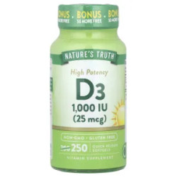 Витамин D3 25 мкг, Vitamin D3 Nature's Truth, высокая эффективность, 250 гелевых капсул быстрого высвобождения