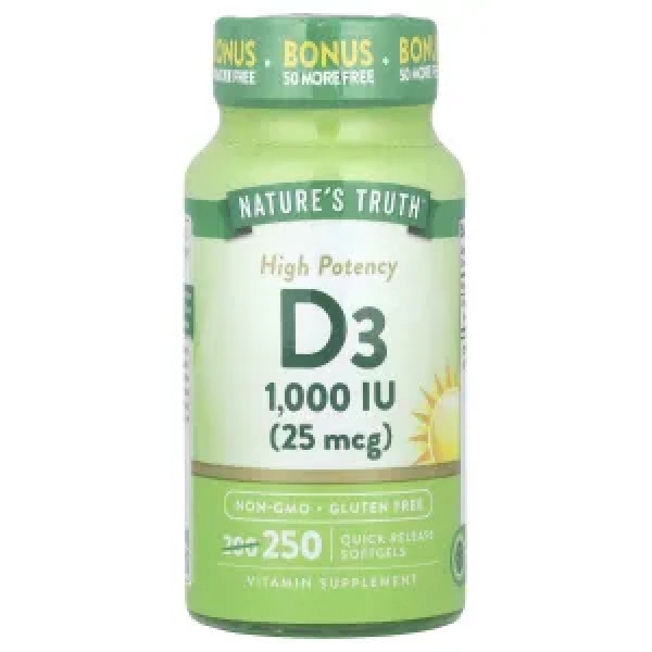 Вітамін D3, Vitamin D3, Nature's Truth, висока ефективність, 25 мкг (1000 МО), 250 гелевих капсул швидкого вивільнення