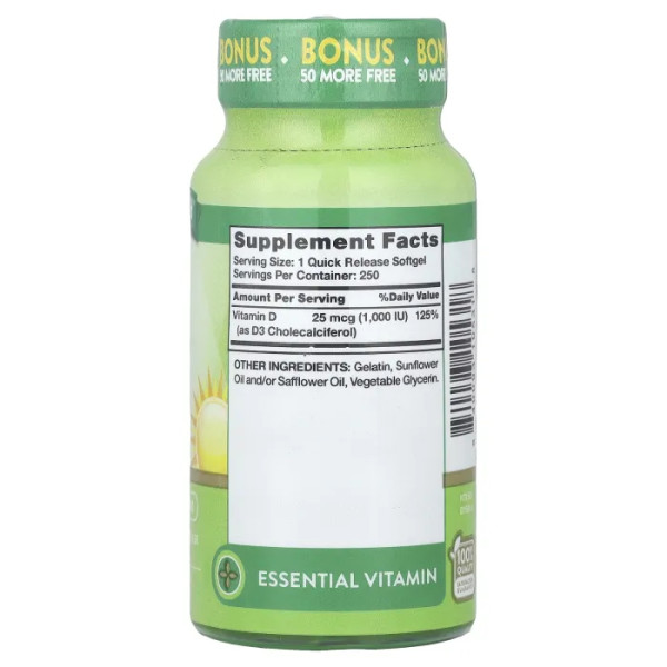 Вітамін D3, Vitamin D3, Nature's Truth, висока ефективність, 25 мкг (1000 МО), 250 гелевих капсул швидкого вивільнення