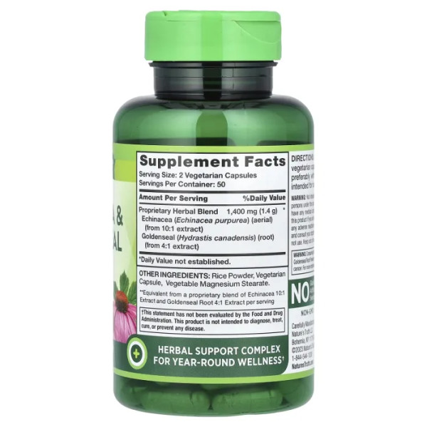 Ехінацея та жовтокорінь, Echinacea & Goldenseal Root, Nature's Truth, 100 вегетаріанських капсул