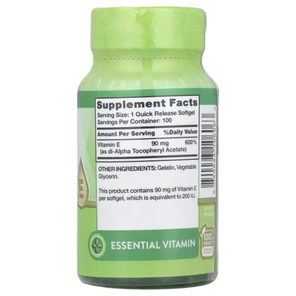 Вітамін Е, Vitamin E, Nature's Truth, висока ефективність, 90 мг (200 МО), 100 гелевих капсул швидкого вивільнення