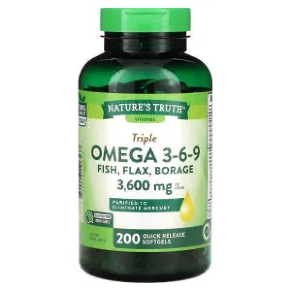 Омега 3-6-9, Triple Omega 3-6-9, Vitamins, Nature's Truth, риб'ячий жир, олія лляного насіння та олія огірочника, 3600 мг, 200 гелевих капсул швидкого вивільнення (1200 мг на гелеву капсулу)