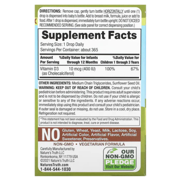Вітамін D3, D3 Baby Drops, Vitamins, Nature's Truth, краплі для новонароджених дітей та старше, 400 МО, 9,2 мл