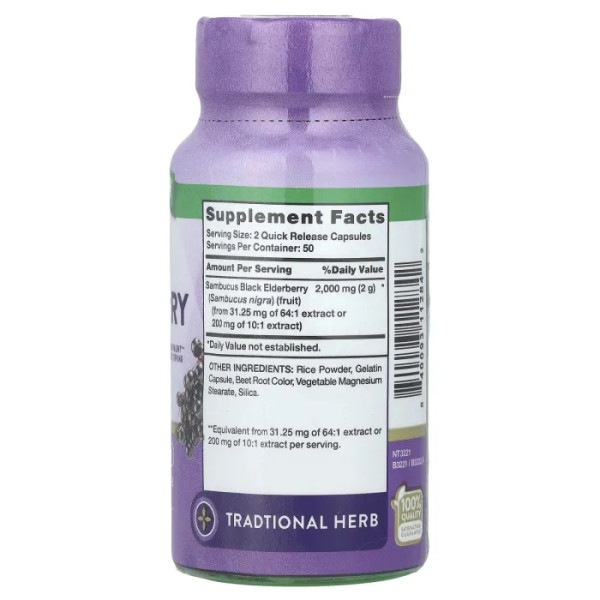 Чорна бузина, Sambucus Black Elderberry, Nature's Truth, 2000 мг, 100 капсул швидкого вивільнення (1000 мг на капсулу)