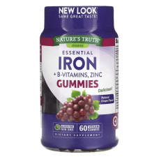 Залізо + вітаміни групи B + цинк жувальні, Essential Iron + B-Vitamins, Zinc Nature's Truth, смак винограду, 60 веганських жувальних таблеток