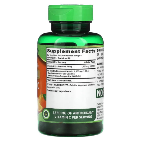 Вітамін С, Liposomal Vitamin C, Nature's Truth, ліпосомальний, 1650 мг, 60 гелевих капсул швидкого вивільнення (550 мг у капсулі)