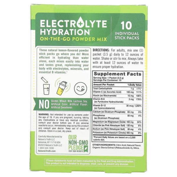 Електроліти + вітаміни групи В, Electrolyte Hydration + B Vitamins, Nature's Truth, порошок, смак лимона, 10 окремих пакетиків по 3,5 г кожен