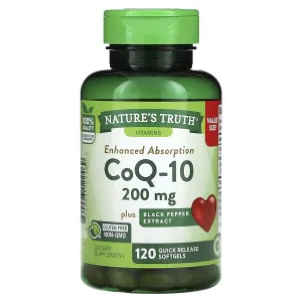 Коензим Q10, CoQ-10, Nature's Truth, покращена абсорбція, плюс екстракт чорного перцю, 20 мг, 120 гелевих капсул швидкого вивільнення