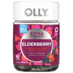 Бузина 450 мг жевательная, OLLY Elderberry Ultra Strength, поддержка иммунитета 60 жевательных конфет 225 мг в одной