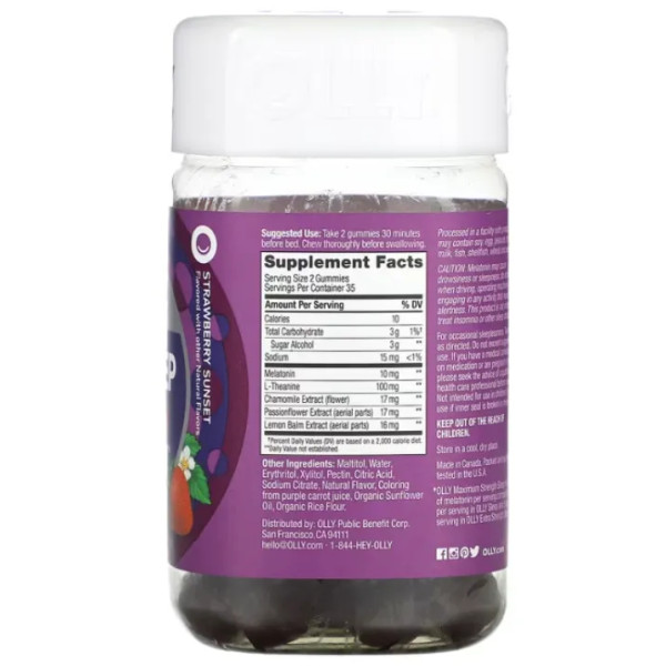Підтримка сну, максимальна ефективність, Sleep Gummies, OLLY, без цукру, полуничний захід сонця, 5 мг, 70 жувальних цукерок