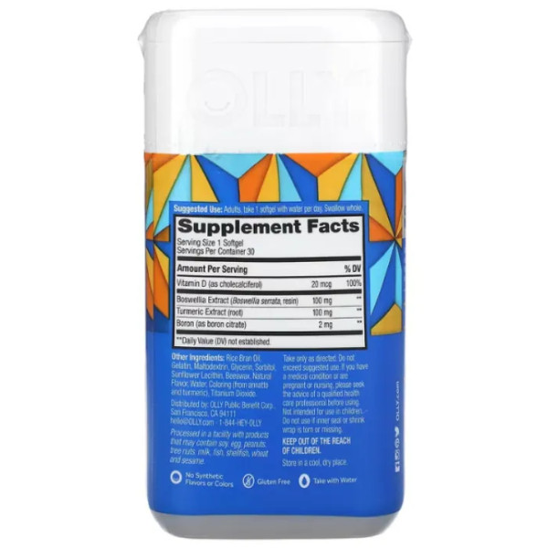 Міцні кістки та здорові суглоби, ультрасильна формула, Joints, Ultra Strength, OLLY, з вітаміном D, екстрактами босвеллії та куркуми, 30 гелевих капсул