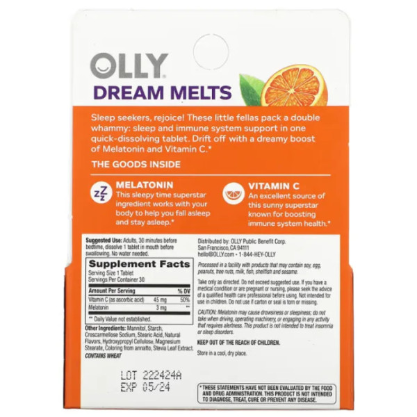 Спокійний сон та підтримка імунітету, Immunity Sleep, OLLY, з мелатоніном та вітаміном С, смак заспокійливий цитрусовий, 30 таблеток