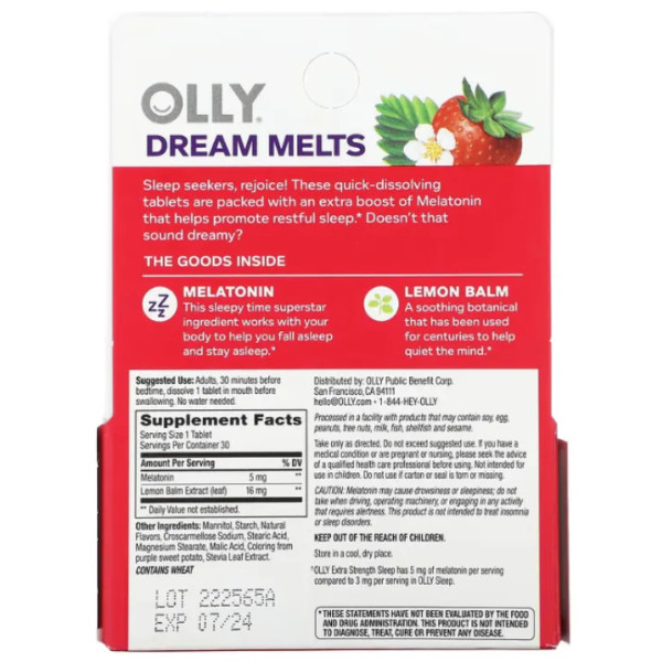 Міцний сон, екстра-сильна формула, Sleep, Extra Strength, OLLY, з мелатоніном та мелісою, смак – полуниця, 30 таблеток
