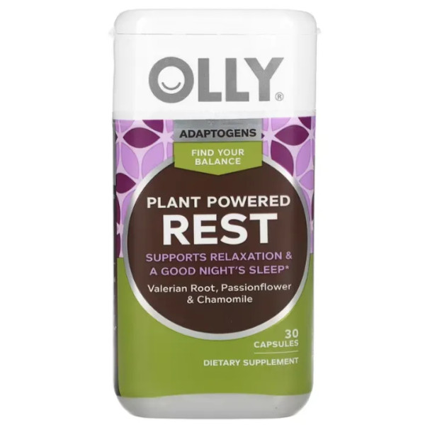 Адаптогены, поддержка здорового сна, Plant Powered Rest, OLLY, с корнем валерианы, страстоцветом и ромашкой, 30 вегетарианских капсул