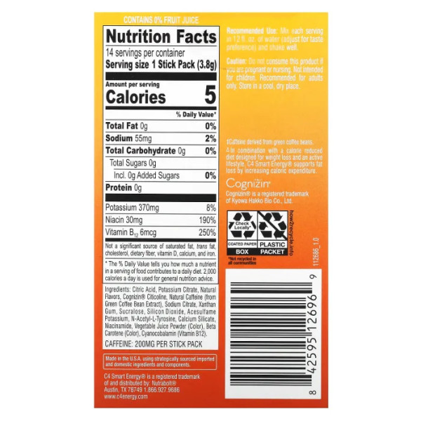 Енергетичний напій для метаболізму, втрати жиру та розумової концентрації, C4 Smart Energy Drink Mix, Cellucor, суміш зі смаком персика та манго, 14 стик-пакетів по 3,8 г