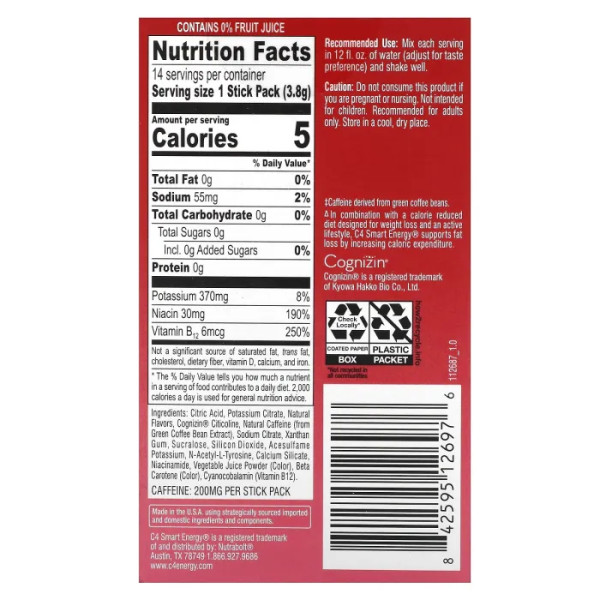 Енергетичний напій для метаболізму, втрати жиру та розумової концентрації, C4 Smart Energy Drink Mix, Cellucor, суміш зі смаком полуниці та кавуна, 14 стик-пакетів по 3,8 г