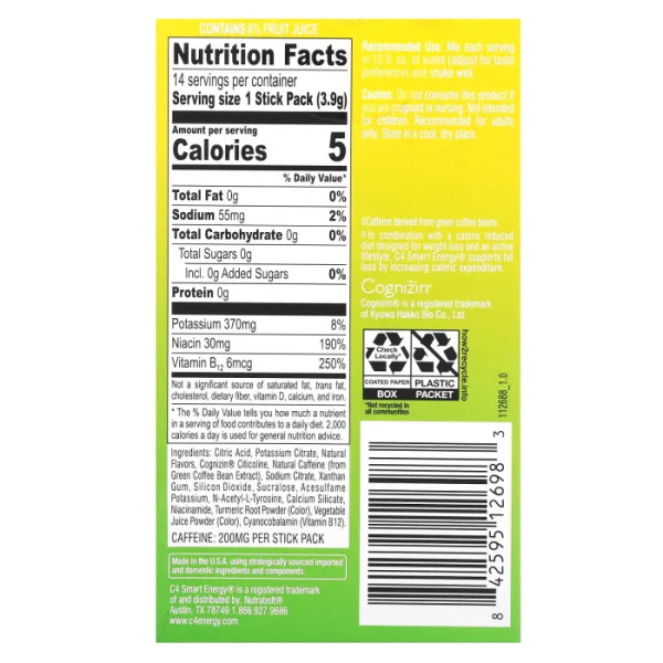 Енергетичний напій для метаболізму, втрати жиру та розумової концентрації, C4 Smart Energy Drink Mix, Cellucor, суміш зі смаком лайма, 14 стик-пакетів по 3,9 г