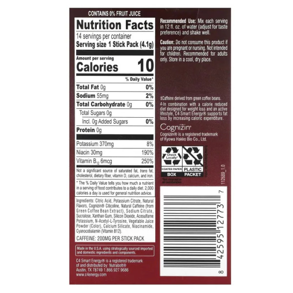 Енергетичний напій для метаболізму, втрати жиру та розумової концентрації, C4 Smart Energy Drink Mix, Cellucor, суміш зі смаком черешні, 14 стик-пакетів по 4,1 г