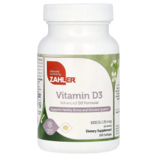 Вітамін D3 25 мкг (1000 МО), Zahler Vitamin D3, вдосконалена формула, 250 гелевих капсул