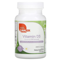 Витамин D3 50 мкг (2000 МЕ), Zahler Vitamin D3, улучшенная формула, 250 гелевых капсул