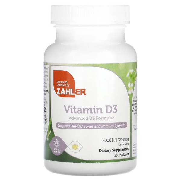 Вітамін D-3, Vitamin D3, Zahler, покращена формула, 125 мкг (5000 МО), 250 гелевих капсул