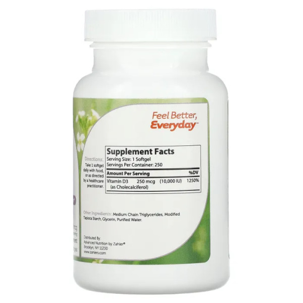 Вітамін D3, Vitamin D3, Zahler, покращена формула, 250 мкг (10000 МО), 250 гелевих капсул