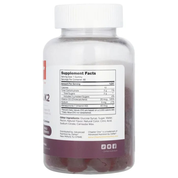 Витамины D3 + K2, D3 & K2, Chapter One, 1000 МЕ, со вкусом ягодного микса, 60 жевательных конфет