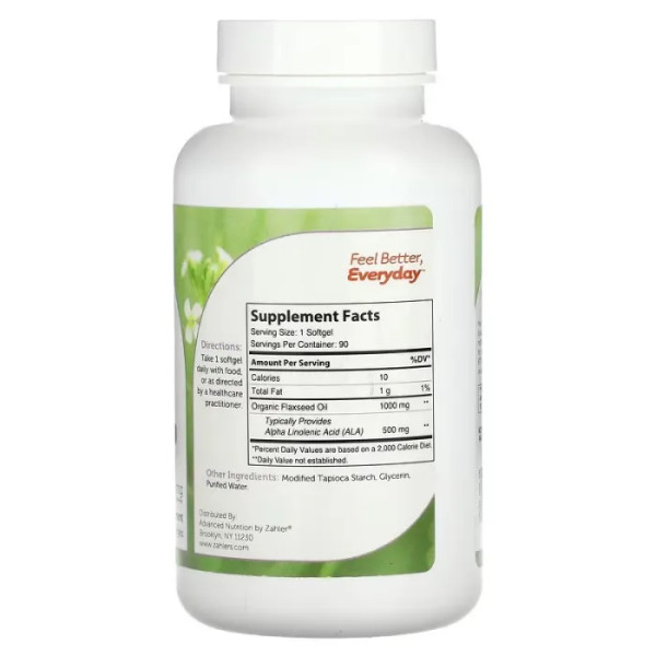 Лляне масло, Seed Oil, Zahler, органік, 1000 мг, 90 капсул