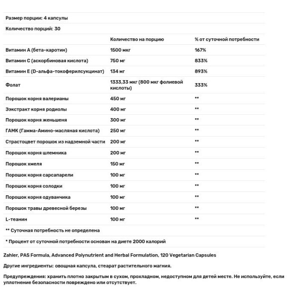 Успокоительная формула с полинутриентами и травами (StressMaster), Zahler, 120 капсул