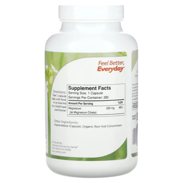 Магній, Magnesium, Zahler, біоактивний цитрат магнію, 200 мг, 250 капсул