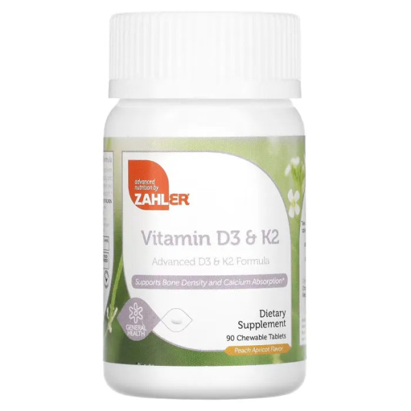 Вітаміни D3 та K2, Vitamin D3 & K2, Zahler, зі смаком персика та абрикосу, 90 жувальних таблеток