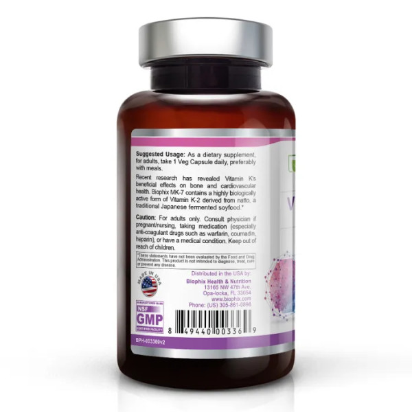 Вітамін К2 МК-7, Vitamin K2 MK-7, Biophix, 300 мкг, 120 вегетаріанських капсул