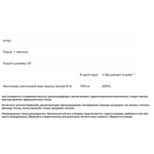 Вітамін В3 нікотинамід, Vitamin B3 Nicotinamide, Biophix, для здоров'я клітин шкіри, екстра-сила дії з уповільненим вивільненням, 1000 мг, 60 таблеток