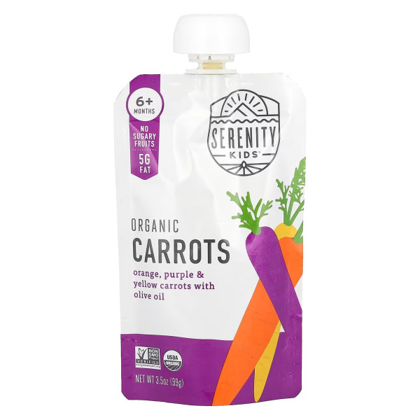Дитяче пюре, органічна помаранчева, фіолетова та жовта морква з оливковою олією, Organic Orange, Purple & Yellow Carrots with Olive Oil, Serenity Kids, від 6 місяців, 99 г