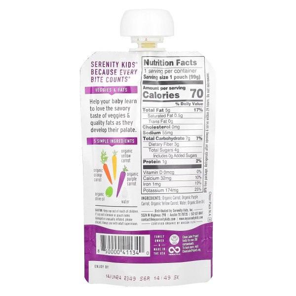 Дитяче пюре, органічна помаранчева, фіолетова та жовта морква з оливковою олією, Organic Orange, Purple & Yellow Carrots with Olive Oil, Serenity Kids, від 6 місяців, 99 г