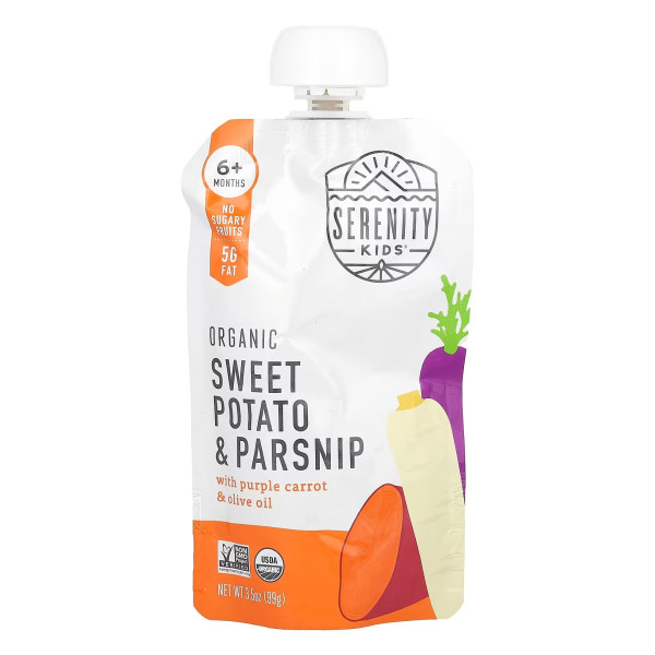 Дитяче пюре, органічний батат та пастернак з фіолетовою морквою та оливковою олією, Organic Sweet Potato & Parsnips with Purple Carrot & Olive Oil, Serenity Kids, від 6 місяців, 99 г