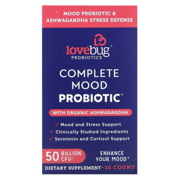 Пробіотик з ашвагандою, Complete Mood Probiotic with Organic Ashwagandha, LoveBug Probiotics, для гарного настрою, 50 млрд КУО, 30 шт