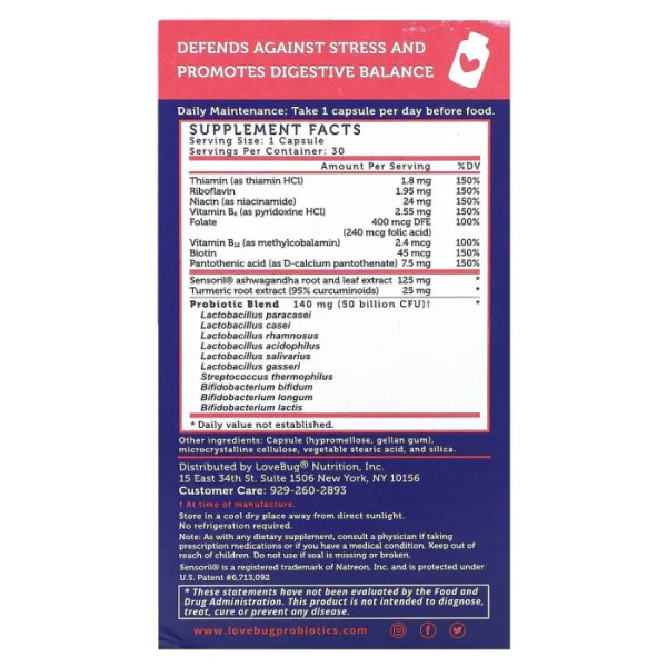Пробіотик з ашвагандою, Complete Mood Probiotic with Organic Ashwagandha, LoveBug Probiotics, для гарного настрою, 50 млрд КУО, 30 шт