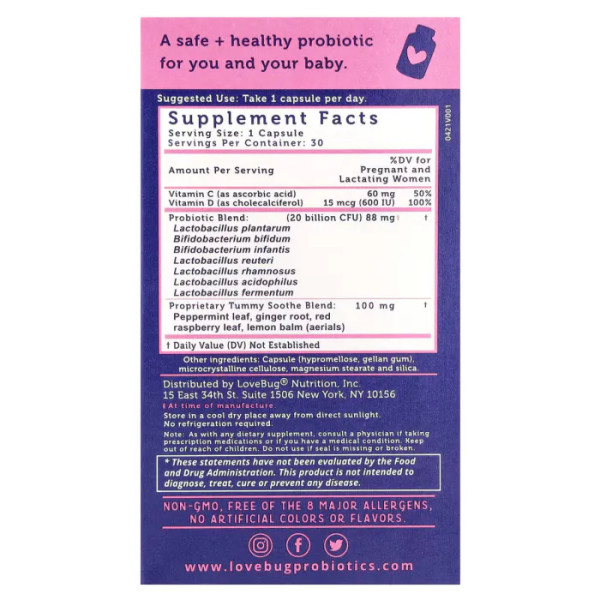Пробіотики для вагітних, Prenatal Probiotic, LoveBug Probiotics, 20 млрд КУО, 30 капсул