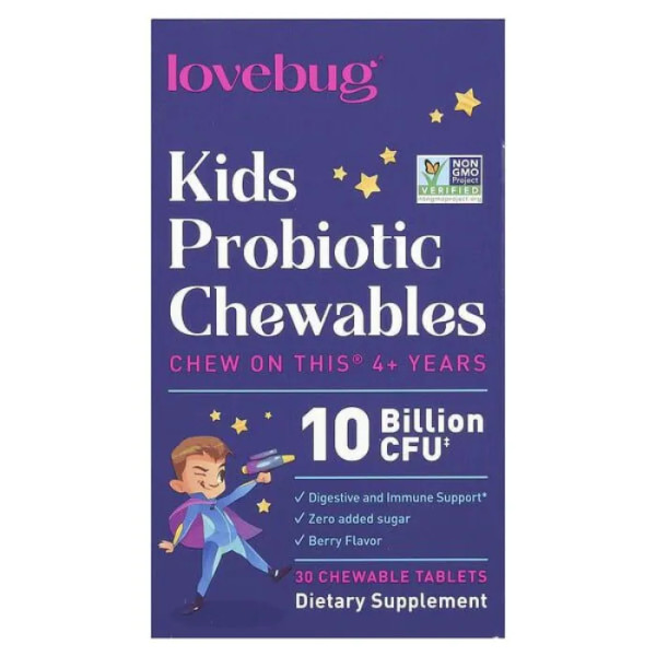 Пробіотик для дітей, Kids Probiotics, LoveBug Probiotics, від 4 років, з ягідним смаком, 10 млрд КУО, 30 жувальних таблеток