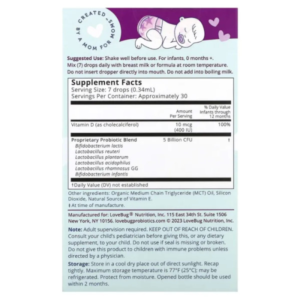 Пробіотик для дітей, Baby Probiotic Drops, LoveBug Probiotics, рідка форма, 5 млрд КУО, 10 мл